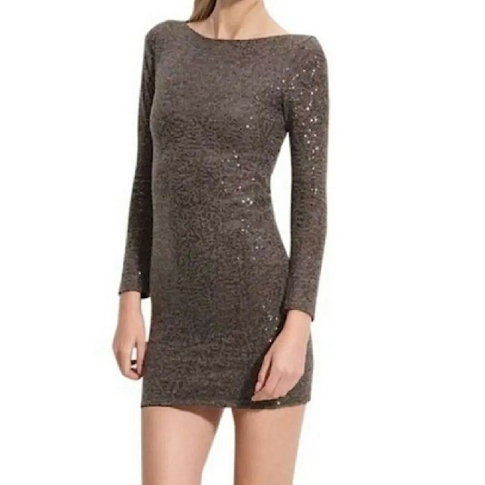 ALICE + OLIVIA OLIVE & GRAY SEQUIN EMBELLISHED SHEER PANEL BODYCON EVENING DRESS
